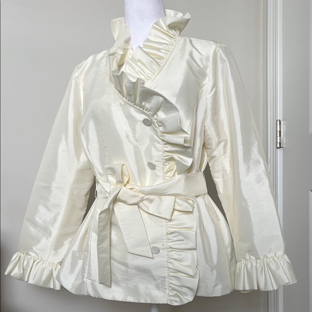 Women's Ruffle-Trim Cream Satin Jacket with Tie Waist - Picture 3 of 10